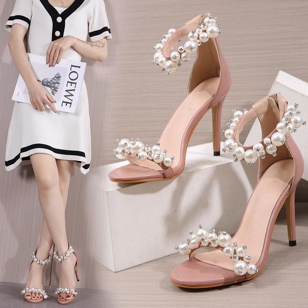 

sandals korean style stiletto women's shoes handmade beaded roman high heel 2021 summer, Black
