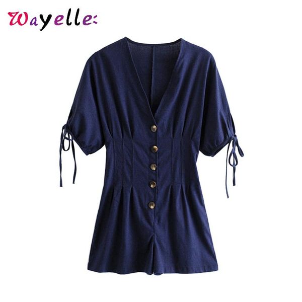 

women's jumpsuits & rompers bodysuit 2021v neck lace up chic buttoned pleated playsuits women slim elegant tide short solid casual, Black;white