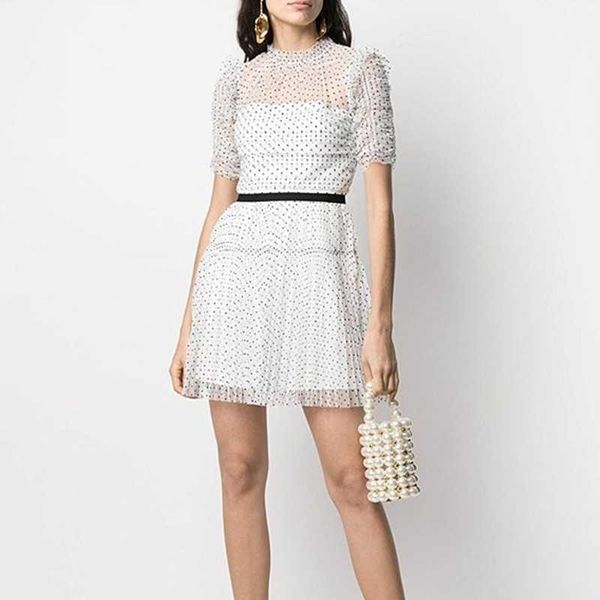 

zawfl self portrait wave point mini dress trendy velvet mesh stitching hollow out slim short sleeve 210525, Black;gray