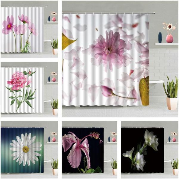 

shower curtains pink flower curtain petal plant bathroom wall hanging accessories set waterproof screen home decor with hook