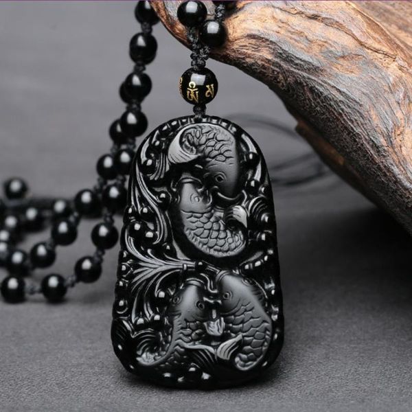 

Handmade Weave Black Obsidian Stone Engraved Fish Pendant Long Beads Chain Necklace Transfer Lucky Gift Jewelry Necklaces, Silver