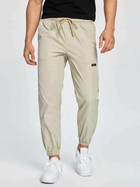 

men letter patched slant pocket drawstring waist tapered pants u0vr#, Black