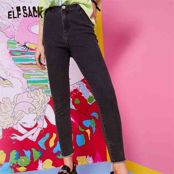 

elfsa solid high waist washed straight casual denim jeans women2021 spring pure minimalist ladies basic daily trouser, Blue