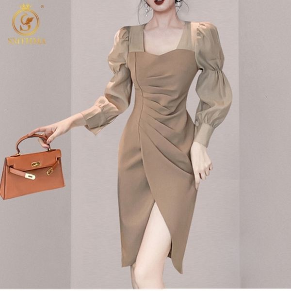 

casual dresses 2021 women's spring es robe square collar high waist elegant sleeve korean style chic vestidos 5u07, Black;gray