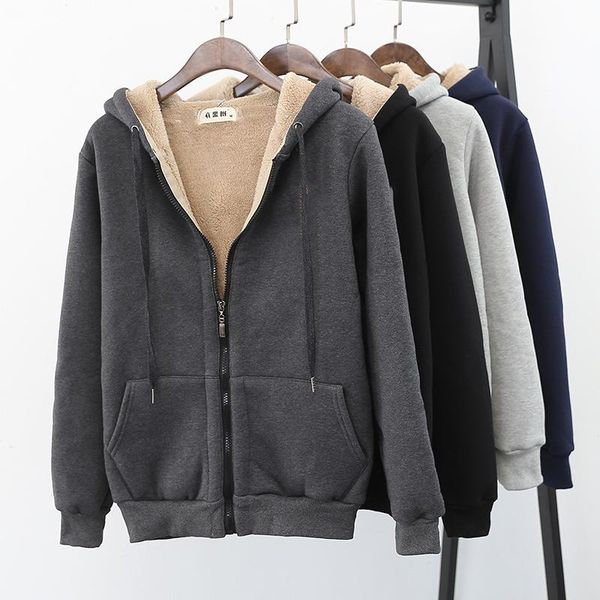

men's hoodies & sweatshirts winter cashmere warm coats hooded zipper basic jacket casual thick parka fleece husband cardigan jackets, Black