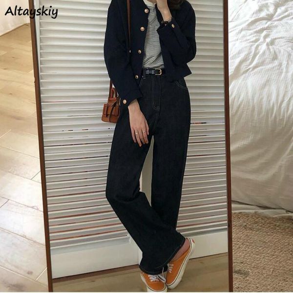 

high waist jeans women vintage full length straight retro all-match students black plus size fashion regular ladies trousers women's, Blue