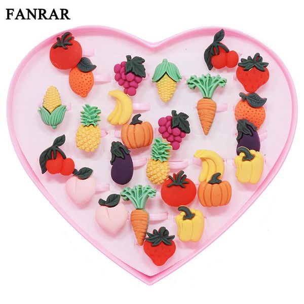 

cluster rings wholesale jewelry 10/20pcs mixed colors children cute cartoon fruits banana cherry carrot peach for kids party gift, Golden;silver