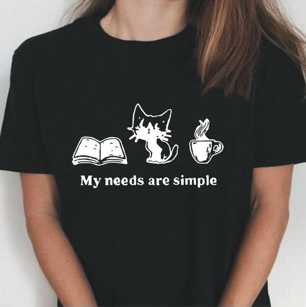 

women's t-shirt summer short sleeve tee shirt femme casual funny book cat coffee my needs are simple woman tshirts plus size t women, White