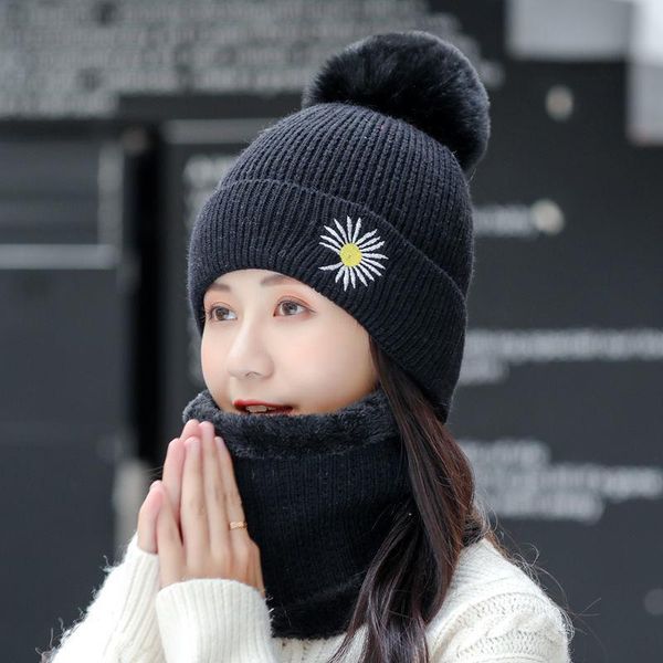 

hats, scarves & gloves sets hat women autumn and winter knitted plush pompom cap plus velvet warm ear protection wool bib two-piece set, Blue;gray