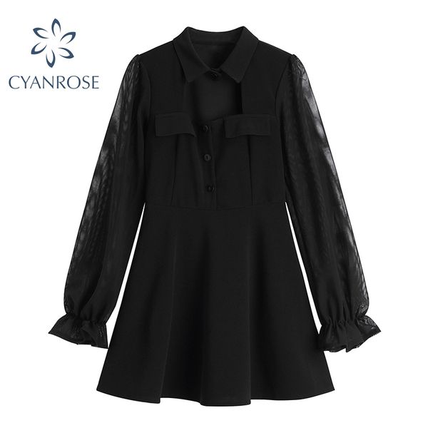 

mesh spliced black crop dress women lapel lantern long sleeve elegant mini vestidos female party club stylish short frocks 210417, Black;gray