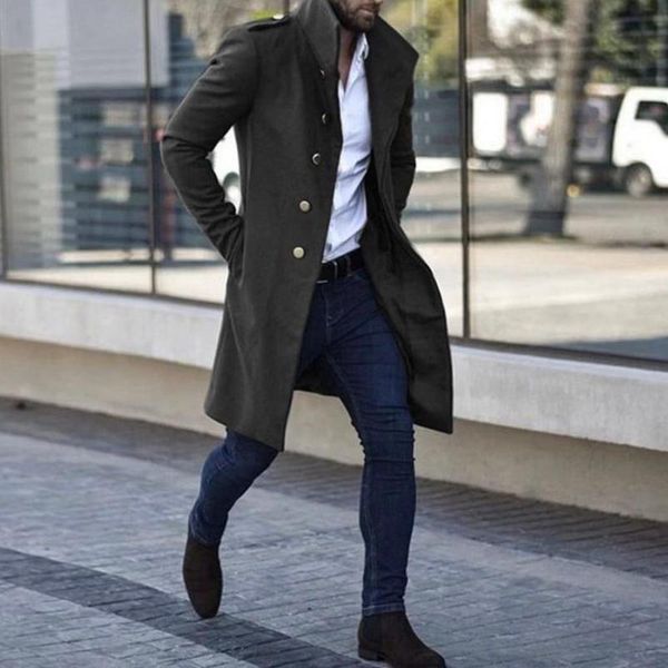 

men's wool & blends men vintage turn-down collar button long sleeve coats for streetwear business casual winter solid warm woolen jacke, Black