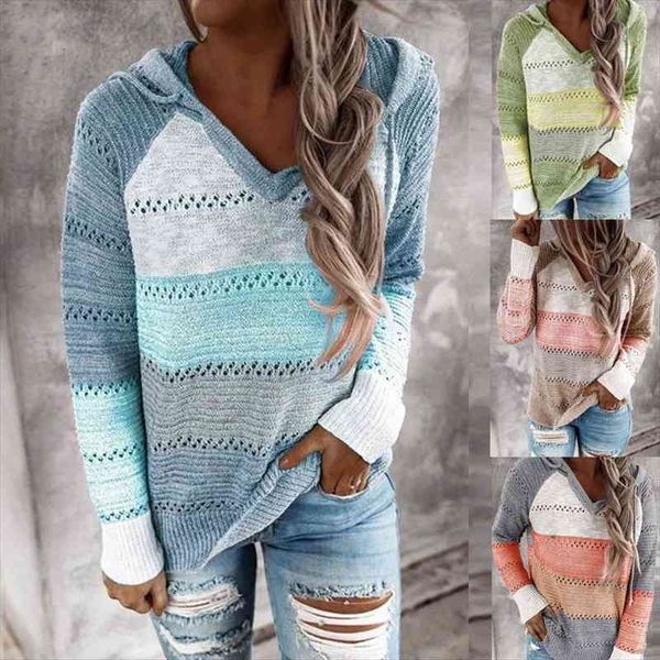 

autumn patchwork sweater women casual striped hooded knitted sweater fashion long sleeve v-neck female pullover jumper, White;black
