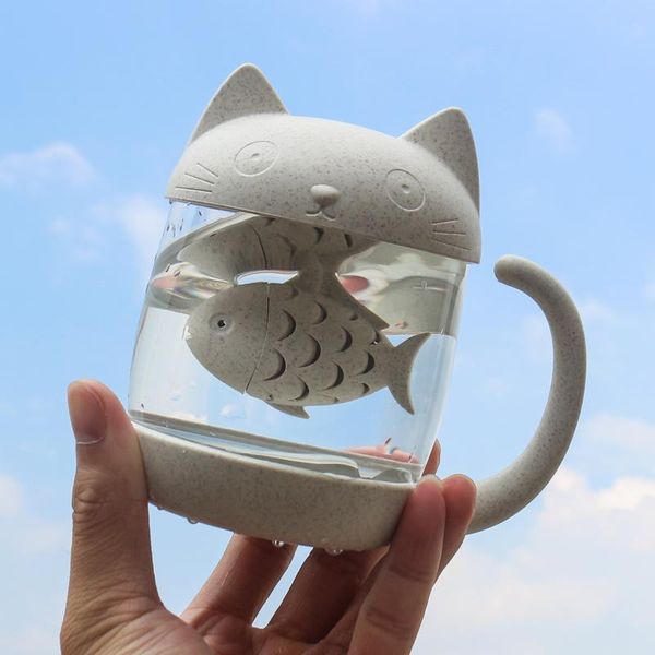

cat fish coffee mug creative glass tea with filter and lid funny mugs cups drinkware for kids girls gifts