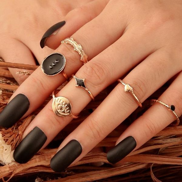 

wedding rings 6 pcs/set knuckle trendy 2021 personality black carved eyes heart boho ring set for women grunge jewelry wholesale, Slivery;golden