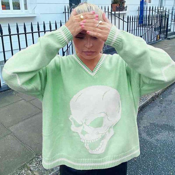 

5 color spring autumn women long sleeve skull print knit sweaters soft v-neck loose pullover yk2 preppy style jumper, White;black