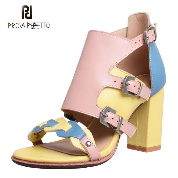 

prova perfetto open toe high heel mixed color cow leather sandals women summer shoes punk style buckle strap gladiator, Black