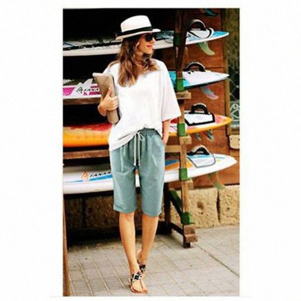 

women's lightweight basic baggy shorts drawstring pocket pants work beach micro-elastic solid color mid waist loose light blue pink arm, Black