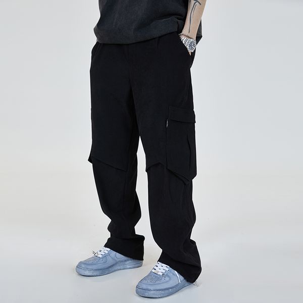 Случайные грузовые брюки Harajuku Multi-Multi-карманы прямые боковые молния мужские высокие улицы негабаритные мешковатые брюки хип-хоп твердый черный