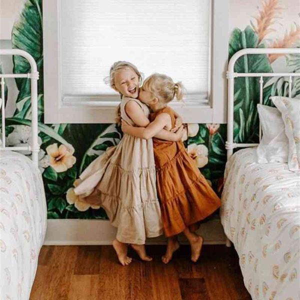 

2021 summer new girls' linen skirt lace pleated sleeveless princess dress, Red;yellow