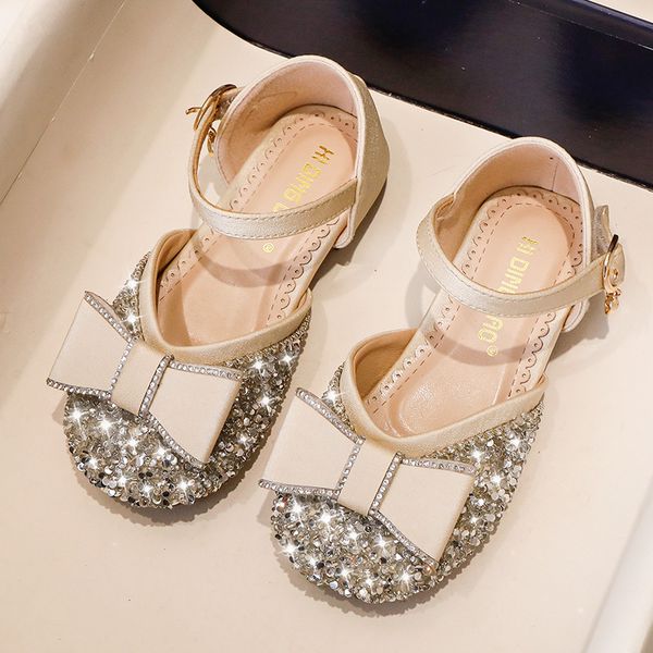 

70% off factory online 2021 new korean sequin bow single shoes one line belt buckle hollow children's soft bottom princess fashion, Black