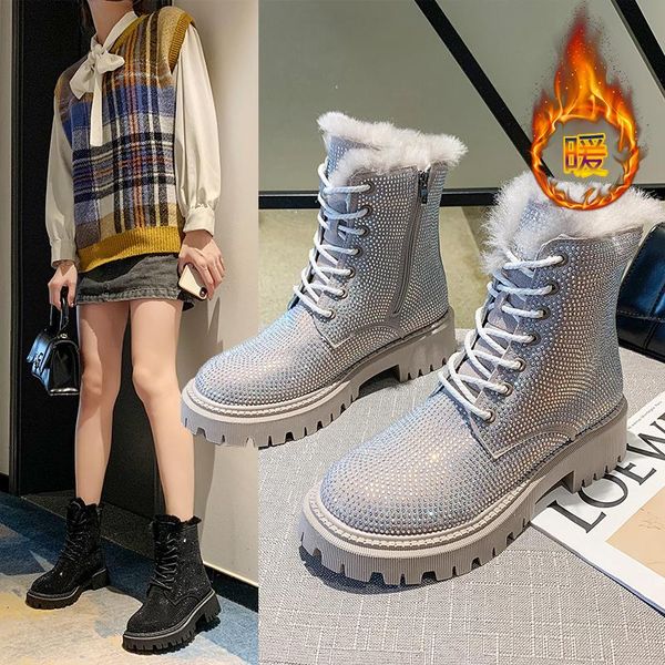 

boots 2021 bling crystal winter snow women for flat heels rhinestones diamonds cow suede warm plush shoes woman, Black