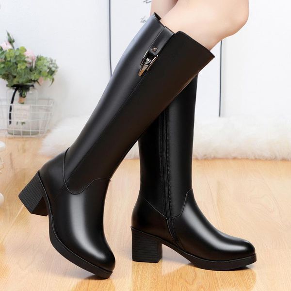 

boots leather women's medium heel high thick plus plush big size middle mother, Black