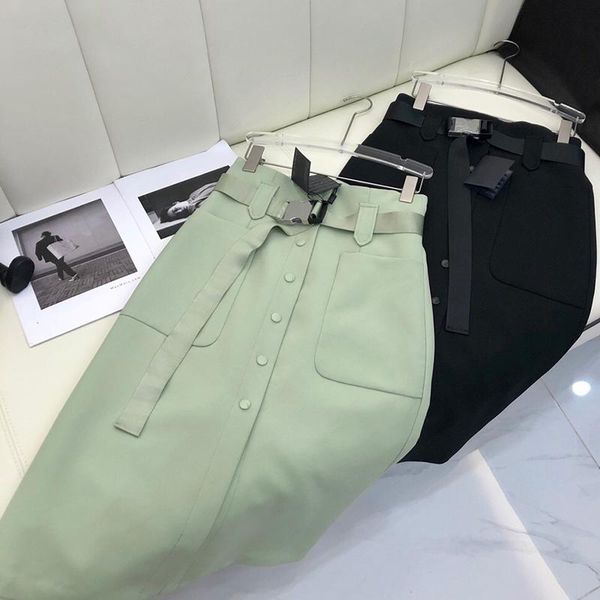 

skirts solid single breasted midi women waist big pocket button lining belt sashes a-line skirt lady 2021, Black