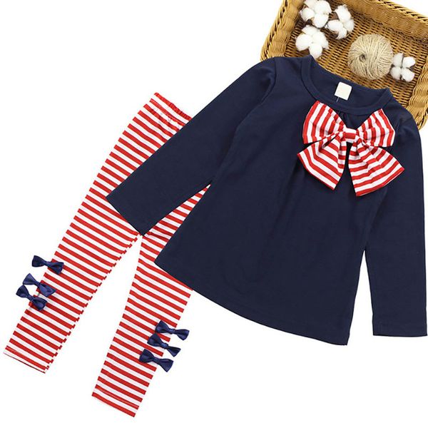 

girl's dresses casual children clothing set autumn long sleeve bow shirts striped leggings baby girls for 3-7y 55fq, Red;yellow