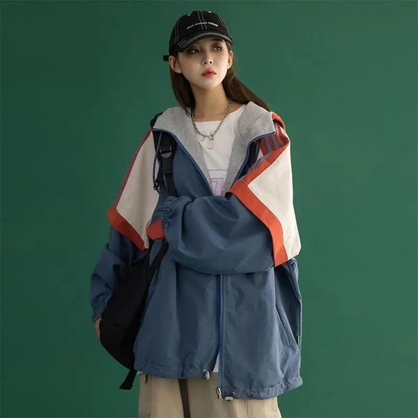 

harajuku two-sided wear hooded zip-up jacket women oversized loose boyfriend style outwear streetwear patchwork casual coat 2021 women', Black;brown