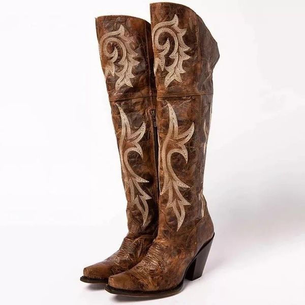 

boots 45-46 plus big size knee hight riding women thick heel tall cowboy pointed toe 2021 autumn lady embriodery shoes, Black