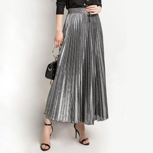 

skirts 2021 spring arrival slim elastic waist big swing faldas largas elegantes pleated skirt quality midi, Black