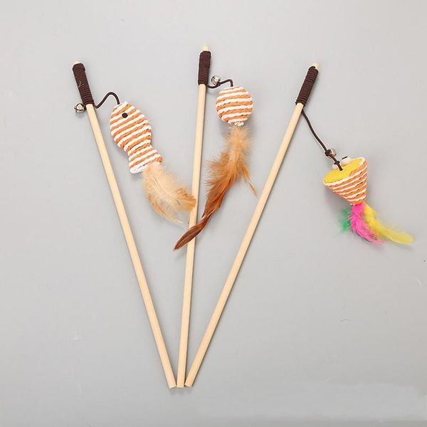 

cat toys toy paper rope fish with feather wood rod funny bar bell interactive pet supplies