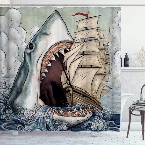 

shower curtain a large shark break the ship on the ocean cartoon style polyester fabric waterproof bath curtains hooks included