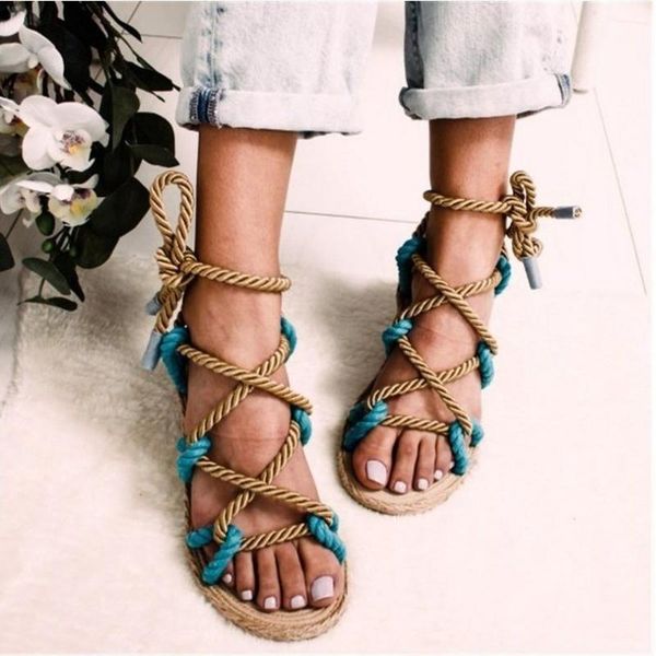 

sandals women's 2021 summer fashion rope woven flat roman outdoor open toe comfortable casual women, Black
