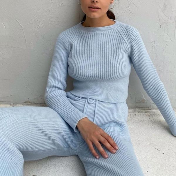 

women's two piece pants 2021 autumn knitted suits korean fashion long sleeve pullovers+ wide leg casual sweater sets womens outfits, White