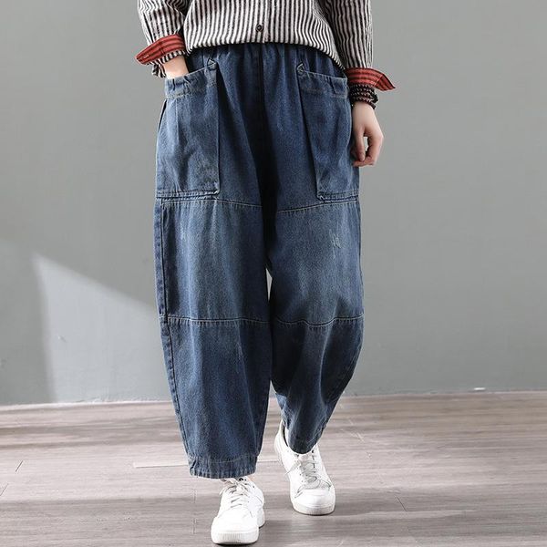 

women's pants & capris 2021autumn simple solid color retro literary wide leg big pocket denim loose plus size women baggy, Black;white