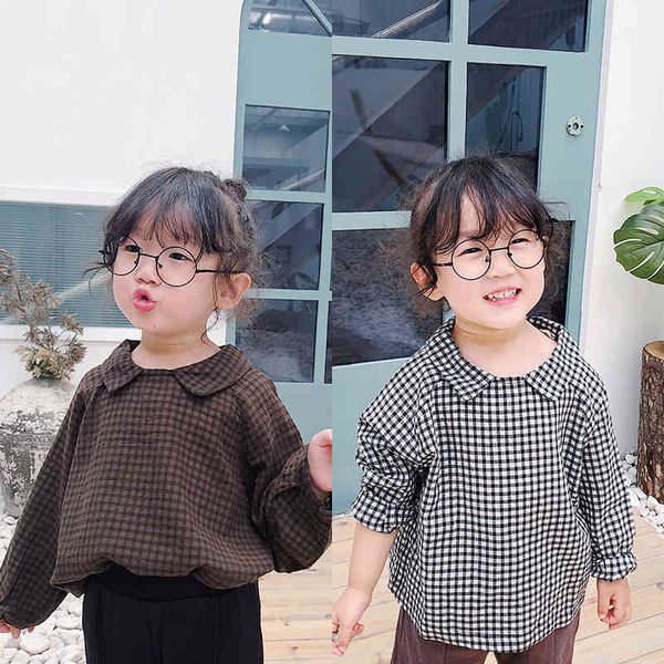 

japanese style autumn cute girls cotton linen plaid blouses kids loose long sleeve doll collar shirt clothing 210508, White;black