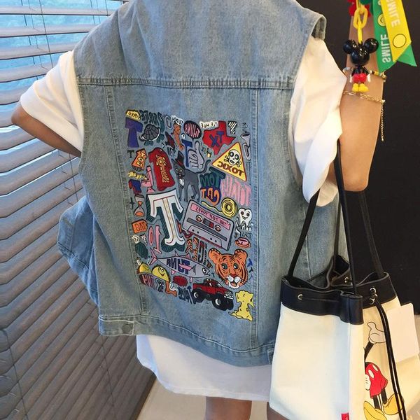 

women's vests korean summer french lapel single-breasted cartoon graffiti print made old washed blue denim vest jacket, Black;white