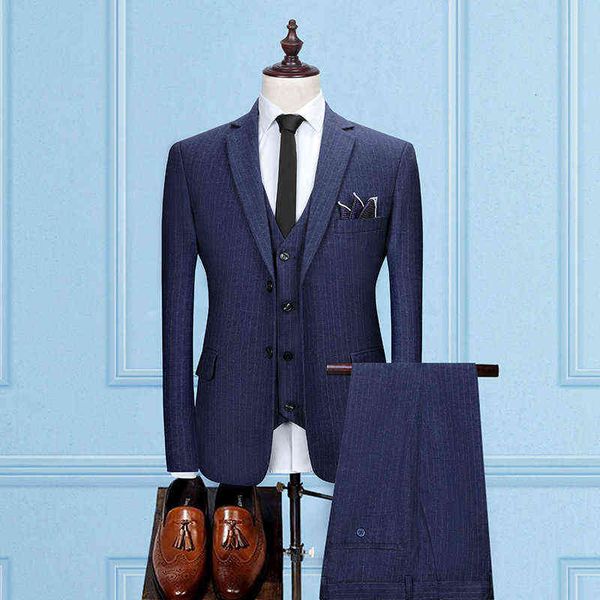 

luxury men's suits blazers men's three piece striped profsional banquet busins two button suit, White;black