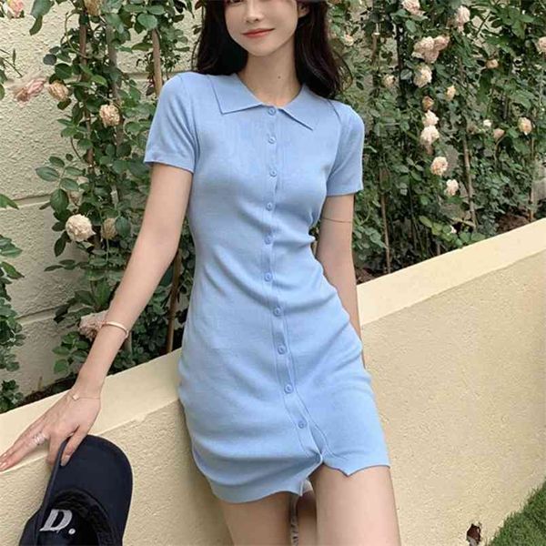 

korean fashion casual knitted dress women short sleeve mini sweater ladies sweet slim robe femme vestidos 210514, Black;gray