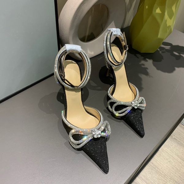 

glitter bowtie pumps crystal embellishments rhinestone evening shoes spool heels sandals women heeled luxurys designers ankle strap dress sh, Black
