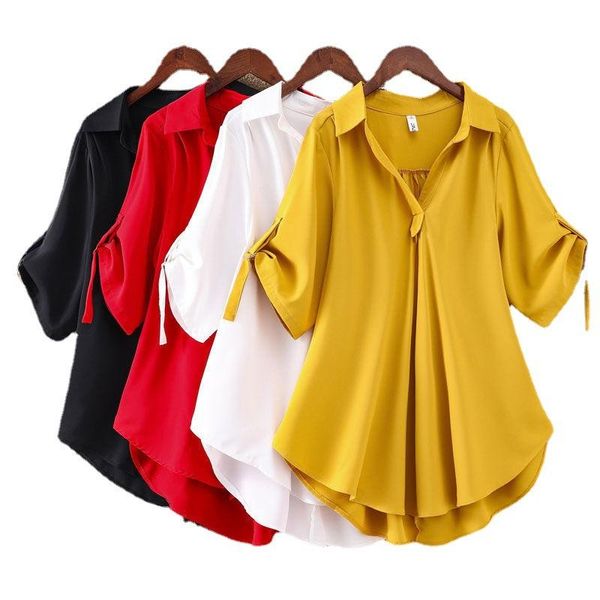 

women's blouses & shirts haut femme grande taille solid color v-neck short sleeve t shirt summer loose chiffon lapel dames blouse work, White