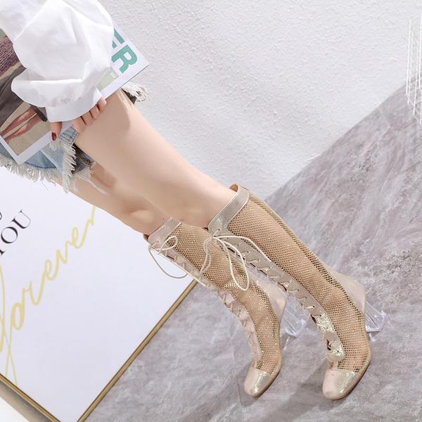 

summer fashion lace up hollow mesh women's mid-calf boots transparent crystal high heels back zipper shoes bottes femme, Black