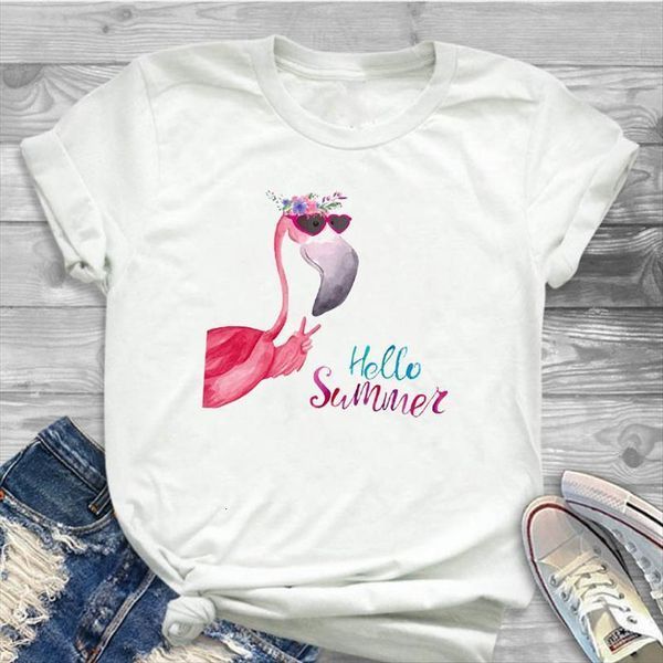 

hello summer flamingo printed women t shirt short sleeve tee clothes graphic, White
