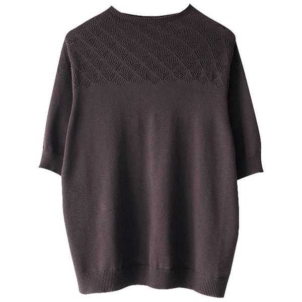 

knitted hollow out solid color casual tshirts women half sleeve turtleneck loose tees office lady spring summer women's t-shirt, White