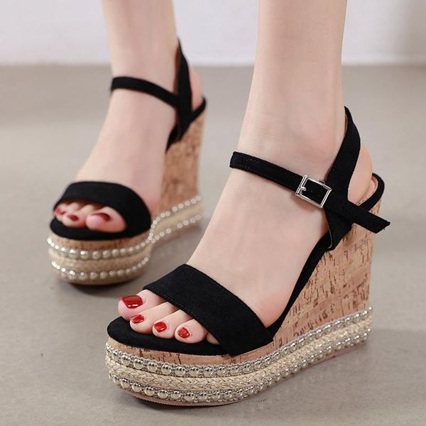 

sandals women platfom high heels string bead decor platform wedge shoes ladies fashion flock 2021 summer, Black