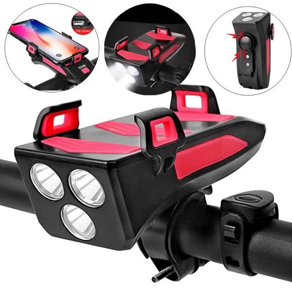 

bicycle front lamp led headlight smart phones stand horn power bank multipurpose 4-in-1 mtb road bike parts lights
