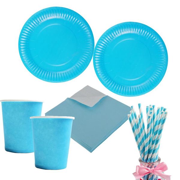 

85pcs/set blue pink paper plate cup napkin straw wedding baby shower happy birthday party decoration disposable tableware dinnerware