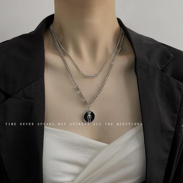

chains round card necklace lady letter women necklaces layered elegant hip hop chain charms silver color european stainless naszyjnik