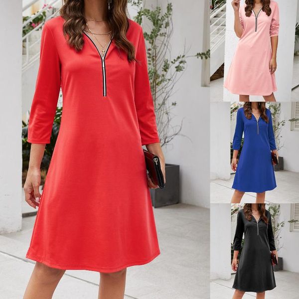 

casual dresses dress ladies mid sleeve loose v-neck zip, Black;gray